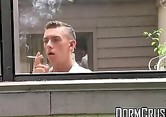 Gay university student smokes and wanks his dick in backyard