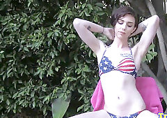 Pretty bikini tgirl masturbating her penis outdoor