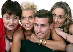 Three lusty matures sharing a hung stud