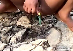 Black Bangs Creamy Cunt by a stream & SQUIRTs