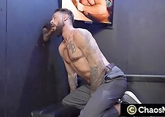 Inked guy sucks huge black cock through gloryhole - Jake Waters, Alpha Wolfe - ChaosMen