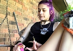 Brunette enjoys the toy on gaping pussy while masturbating