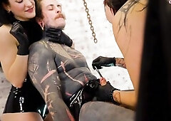 3 Unmerciful Latex Goddesses Destroy Tattooed Thrall with Unfathomable Sounding & Urethral Fingering