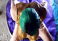 Hawt transsexual in gold chaimail top lets her bazookas bounce whilst riding her sex toy. 2 views show the joy from in front and above to enslave her 