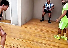 Large boys eating a youthful chap