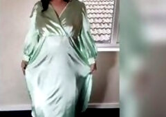 Tv crossdresser Nottstvslut in green satin costume. Crossdresser dream