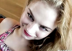 Blond amateur hottie Nisha getting little hairless twat banged and throat cummed