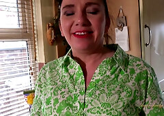 Curvy British housewife in sheer lingerie teases in the kitchen