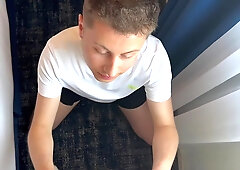 Blonde twink gives sensual blowjob while begin filmed