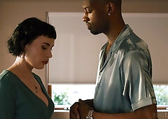 Dashing brunette spit-roasted by a pair of oversized black shafts