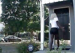 Ebony blonde tranny jerks off her big cock on casting