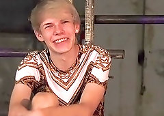 Tiny blonde twink tied up for naughty hot wax torment