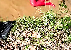 Outdoors in forest and flow crossdressed frolicking.