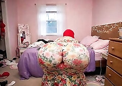 Curvy thick woman with a biggest butt wears a charming floral suit during the time that dancing and twerking passionately for her secret lover. This b