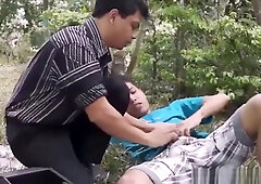 Asian doctor sucks Fake twins cock outdoors