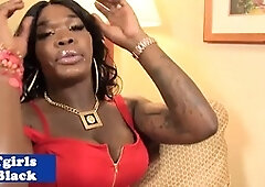 Busty ebony shemale in stockings jerking off cock