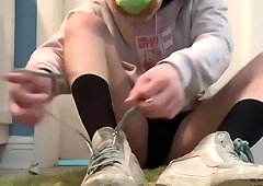 Hairy egghead displaying off soles - Wordy - draining off with sock