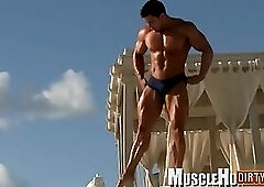 Muscle gay rimjob with cumshot
