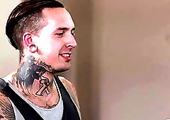 Tattooed dude undresses shemale and then fucks her really hard