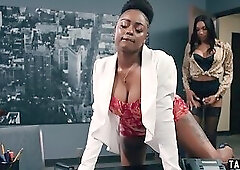Ebony boss orders her black TS secretary Leilani Li to fuck her dark pussy