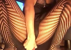 Femboy in tights underpants n nightdress rails a good-sized fake penis