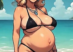 Hawt AI generated art. Nice-looking preggo hotties on the beach in bikinis with areola slides.