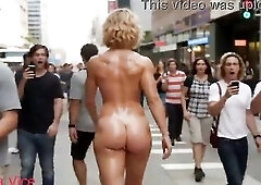 Stripped athletic woman bodybuilder exhibitionist walking in public street and crowded mall (By AI)