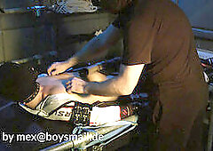 Dominant top restrains two submissive bottoms for edging, tickling, cum control, tugging, and estim