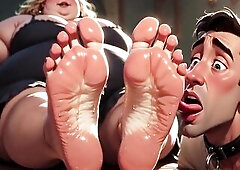 Resigned stud passionately worshipping the perspired feet of a plump big beautiful woman. This chab licks her soles and sucks her toes with complete s