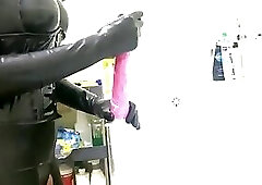 latex sissy deepthroating a dildo