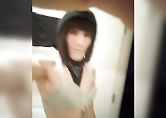 Inked slender Cd femboy strokes large white shlong