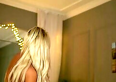 Blonde Bombshell Masturbates with Dildos on Couch