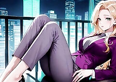 A breathtaking golden-haired boss in a tailored purple costume, navigating between futuristic green neon corridors and bright offices. Carrying her br