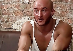 Bald stud shows off his muscles and jerks off solo