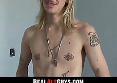 Tattooed punk Teddy B pisses before an intense solo masturbation session