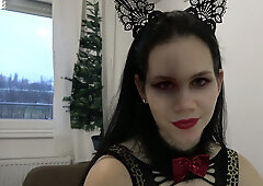 Serbian brunette MILF Anna in devil cosplay seduces a righteous padre at home and drains his load with a filthy blowjob and expert footjob