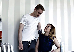 Kinky tutor in stockings and dress uses whipped cream & his hard dick outdoors