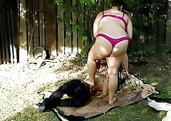 Marta and Jitka fuck their personal slave gardener outdoors BDSM