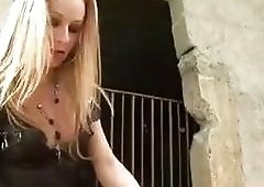 Tempting blonde shemale gives him a facial after fucking him