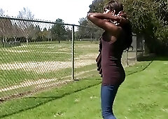 Skinny ebony tranny plays with her big boner all alone