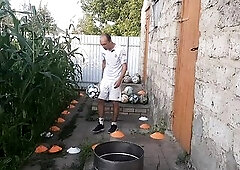 Malvina the cat and I are playing barrel ball