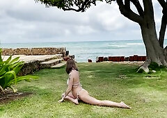 tranquil outdoor yoga with a view - yoga with grey