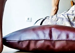 Hot stud strokes him in front of the window humping pillow with Biggest spunk fountain