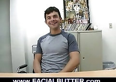 Gay amateur twink with pink dildo on audition