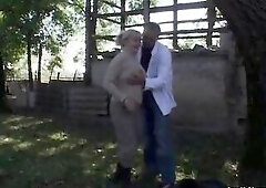 Large titted blond mamma gets her shaggy twat pounded in the back yard