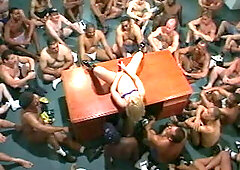 Massive bukkake on a blonde babe