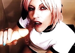 Trans in japanase gym clothing with pink hair and cosplay-like sucks your schlong whilst touching herself and uses a sex-toy. Then this babe rides the