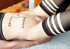 Sissy floozy is made by headmistress to bulge her stomach with a giant dragon sex tool