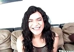 Smalltits trans babe masturbates at casting