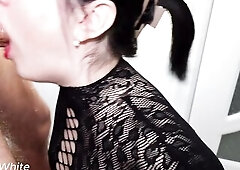 Sloppy deepthroat with red lips.